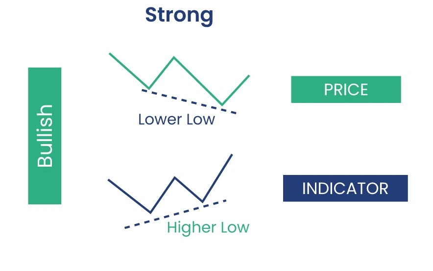 Bullish regular divergence example showing price making lower lows while RSI creates higher lows indicating potential upward reversal