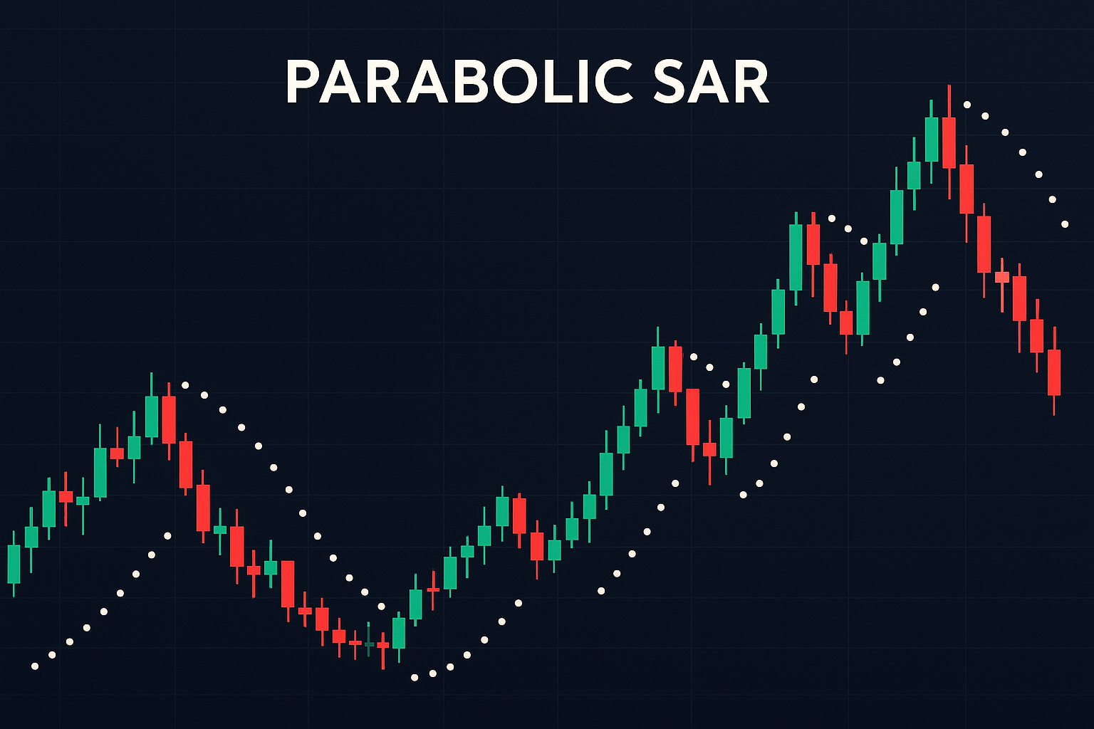 Parabolic SAR indicator showing dots above and below price with trend direction signals and stop loss levels